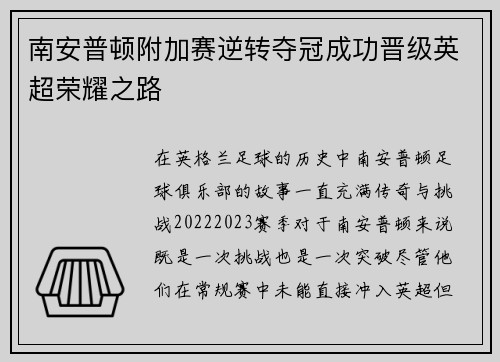 南安普顿附加赛逆转夺冠成功晋级英超荣耀之路
