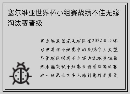 塞尔维亚世界杯小组赛战绩不佳无缘淘汰赛晋级